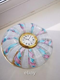 Murano Pink, Blue & White Ribbons Italian Art Glass Decorative Round Desk Clock
