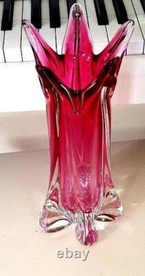 Murano Pink Glass Ribbed Vase Archimede Seguso Sommerso 12 Inch 4.8 Lbs
