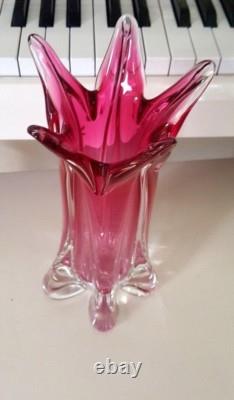 Murano Pink Glass Ribbed Vase Archimede Seguso Sommerso 12 Inch 4.8 Lbs