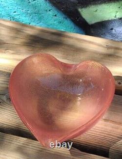 Murano Pink & Gold Flecks Italian Art Glass Heart Shaped Bowl, Hand Blown Dish