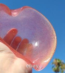 Murano Pink & Gold Flecks Italian Art Glass Heart Shaped Bowl, Hand Blown Dish