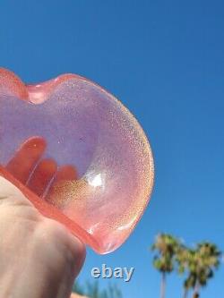 Murano Pink & Gold Flecks Italian Art Glass Heart Shaped Bowl, Hand Blown Dish