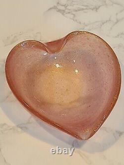 Murano Pink & Gold Flecks Italian Art Glass Heart Shaped Bowl, Hand Blown Dish