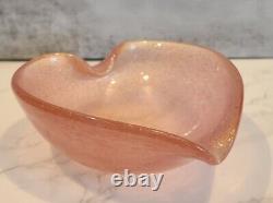 Murano Pink & Gold Flecks Italian Art Glass Heart Shaped Bowl, Hand Blown Dish