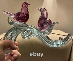 Murano Seguso C1960 Two Dove Birds On A Branch Pink Blue Neodymium Cased L 8