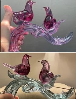 Murano Seguso C1960 Two Dove Birds On A Branch Pink Blue Neodymium Cased L 8