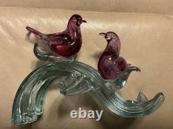 Murano Seguso C1960 Two Dove Birds On A Branch Pink Blue Neodymium Cased L 8