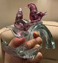 Murano Seguso C1960 Two Dove Birds On A Branch Pink Blue Neodymium Cased L 8