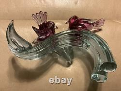Murano Seguso C1960 Two Dove Birds On A Branch Pink Blue Neodymium Cased L 8