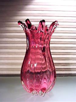 Murano Seguso Style Pink Ribbed Glass Vase