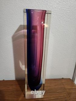 Murano Sommerso Art Glass Block Vase Red Magenta Cobalt Blue Cased 30cm