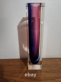 Murano Sommerso Art Glass Block Vase Red Magenta Cobalt Blue Cased 30cm