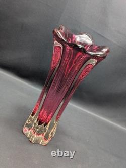 Murano Sommerso Glass Vase Pink Ruby Clear Ribbed Fratelli Toso Style Vintage
