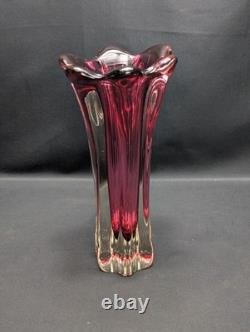 Murano Sommerso Glass Vase Pink Ruby Clear Ribbed Fratelli Toso Style Vintage
