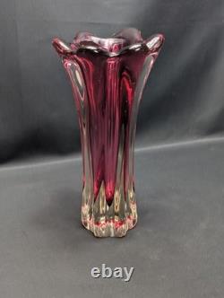 Murano Sommerso Glass Vase Pink Ruby Clear Ribbed Fratelli Toso Style Vintage