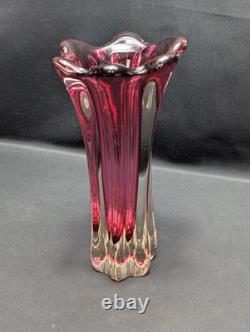 Murano Sommerso Glass Vase Pink Ruby Clear Ribbed Fratelli Toso Style Vintage