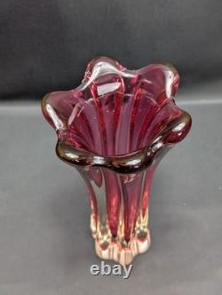 Murano Sommerso Glass Vase Pink Ruby Clear Ribbed Fratelli Toso Style Vintage