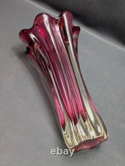 Murano Sommerso Glass Vase Pink Ruby Clear Ribbed Fratelli Toso Style Vintage