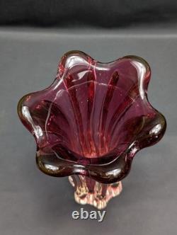 Murano Sommerso Glass Vase Pink Ruby Clear Ribbed Fratelli Toso Style Vintage