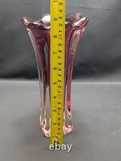 Murano Sommerso Glass Vase Pink Ruby Clear Ribbed Fratelli Toso Style Vintage