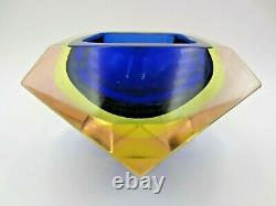 Murano Sommerso blue in green in pink UV green facet cut geometric glass bowl