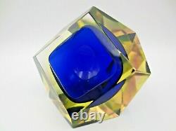 Murano Sommerso blue in green in pink UV green facet cut geometric glass bowl