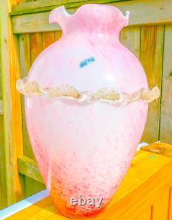 Murano Style Hand Blown Italy Pink Arg 925 Silver Ruffled Art Glass Vase Vintage