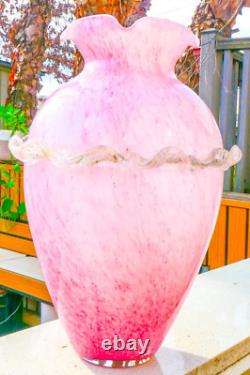 Murano Style Hand Blown Italy Pink Arg 925 Silver Ruffled Art Glass Vase Vintage