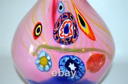 Murano Style Heavy Art Glass Vase Pink with Blue Rim About 10 Tall