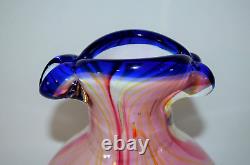 Murano Style Heavy Art Glass Vase Pink with Blue Rim About 10 Tall