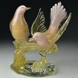Murano Venetian Art Glass Bird Sculpture Pink Gold Fleck Two Birds