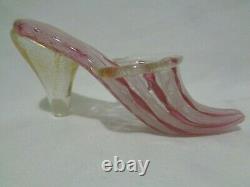 Murano Venetian Art Glass Pink Latticino Ribbon Slipper Saviati Gold Flecks