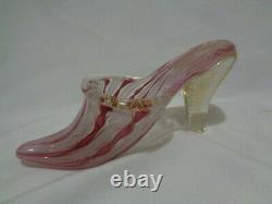 Murano Venetian Art Glass Pink Latticino Ribbon Slipper Saviati Gold Flecks