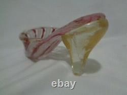 Murano Venetian Art Glass Pink Latticino Ribbon Slipper Saviati Gold Flecks