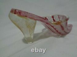 Murano Venetian Art Glass Pink Latticino Ribbon Slipper Saviati Gold Flecks