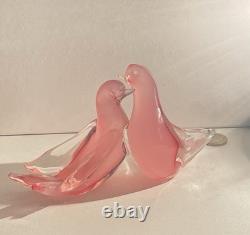 Murano Venetian Pink Glass Alabastro Opaline Pair Of Doves Sculpture Figurine