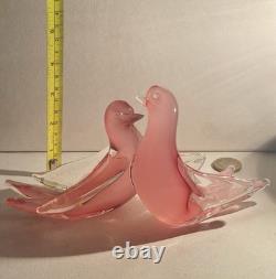 Murano Venetian Pink Glass Alabastro Opaline Pair Of Doves Sculpture Figurine