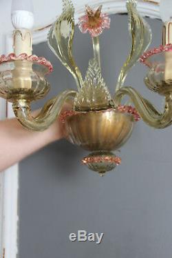 Murano Venetian hand blown art glass Wall light sconce pink amber mid century