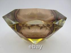 Murano Vetro Artistico Formia six faceted art glass round bowl pink and gold