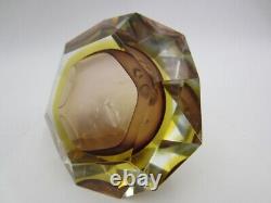Murano Vetro Artistico Formia six faceted art glass round bowl pink and gold