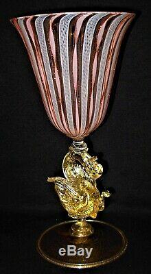 Murano Zanfirico Venetian Latticino Pink White Gold Ribbon Goblet with Swan Stem