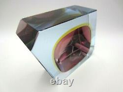 Murano dusky pink & amber in blue sommerso abstract faceted cut block bowl c60s