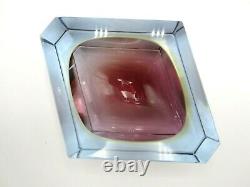 Murano dusky pink & amber in blue sommerso abstract faceted cut block bowl c60s