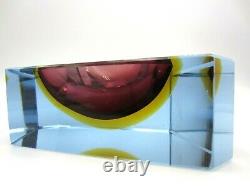 Murano dusky pink & amber in blue sommerso abstract faceted cut block bowl c60s