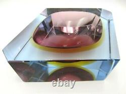 Murano dusky pink & amber in blue sommerso abstract faceted cut block bowl c60s
