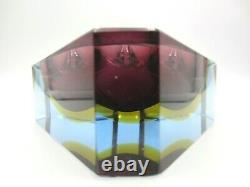 Murano dusky pink & amber in blue sommerso abstract faceted cut block bowl c60s