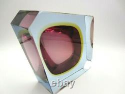 Murano dusky pink & amber in blue sommerso abstract faceted cut block bowl c60s