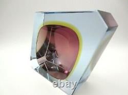 Murano dusky pink & amber in blue sommerso abstract faceted cut block bowl c60s