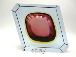 Murano dusky pink & amber in blue sommerso abstract faceted cut block bowl c60s