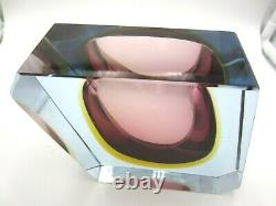 Murano dusky pink & amber in blue sommerso abstract faceted cut block bowl c60s